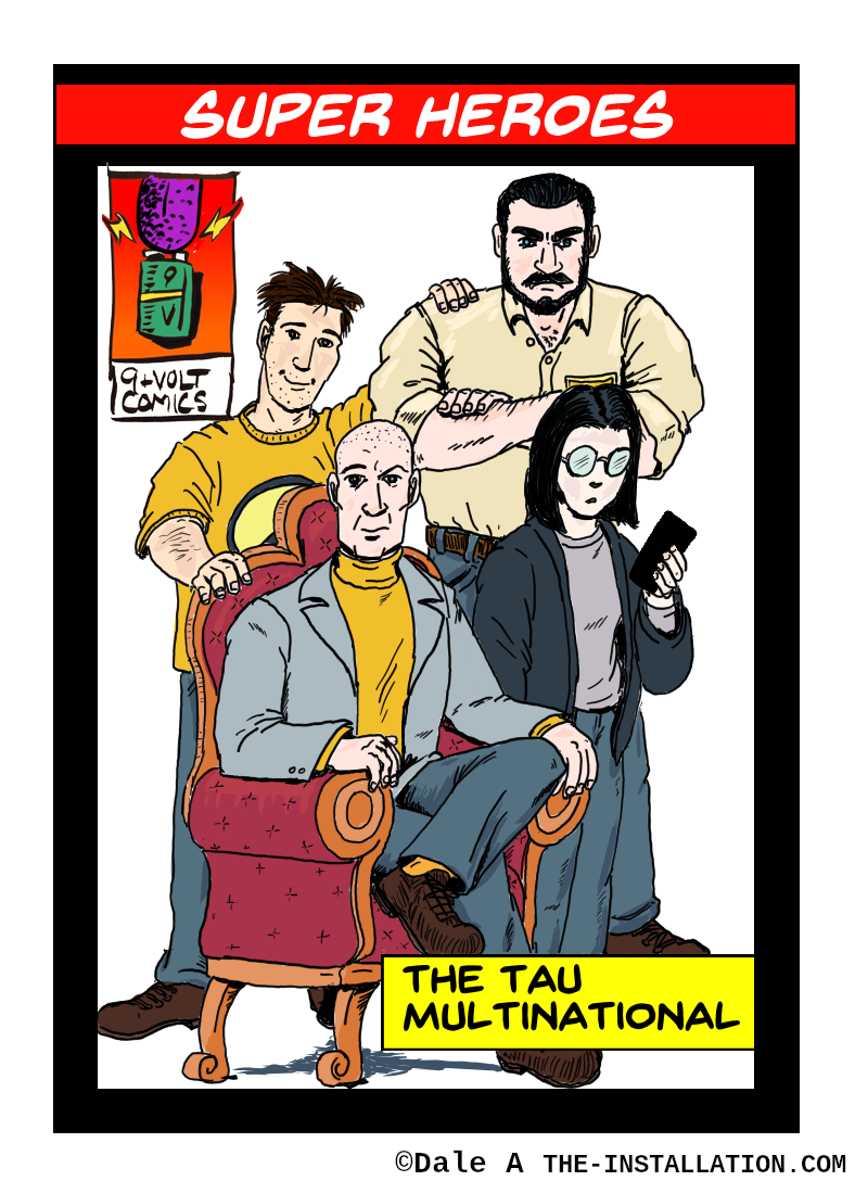 A trading card for the Tau Multinational. Part of the card series tied in to the first 9Volt Anthology
